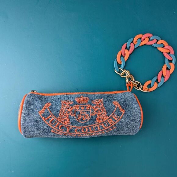 Juicy Couture Handbags - Juicy Couture Y2K Scottie Dog Denim Blue & Orange Small Barrel Wristlet.